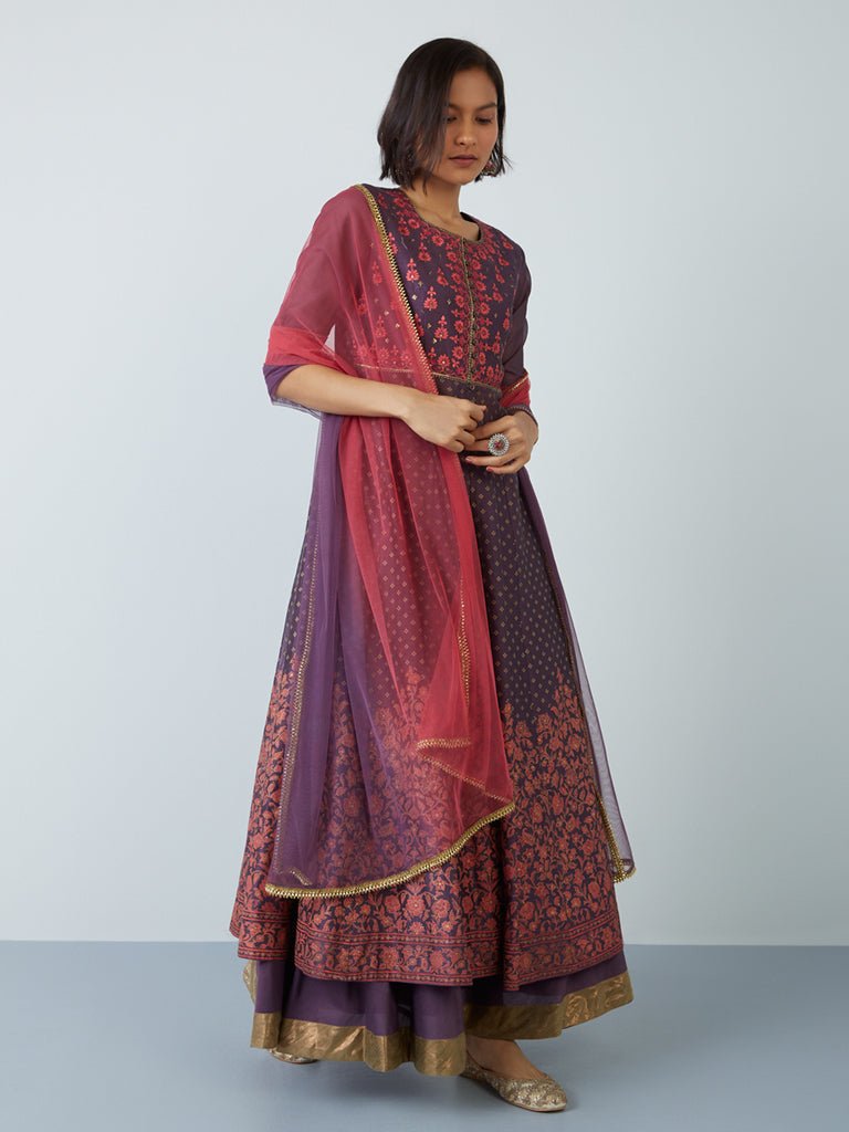 Purple Embroidered Anarkali And Ghagra Suit Set - DWEEP SARA