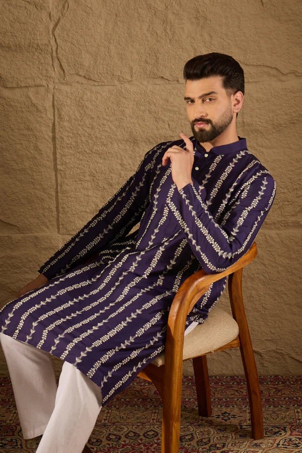 Purple Viscose Rayon Printed Straight Mens Kurta DS1280 - DWEEP SARA