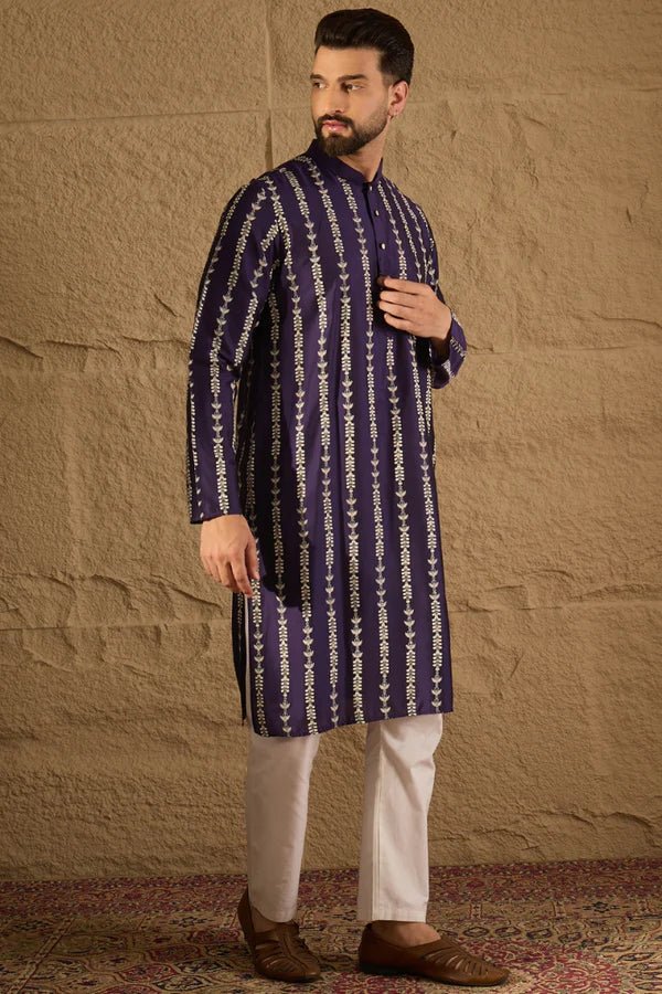 Purple Viscose Rayon Printed Straight Mens Kurta DS1280 - DWEEP SARA