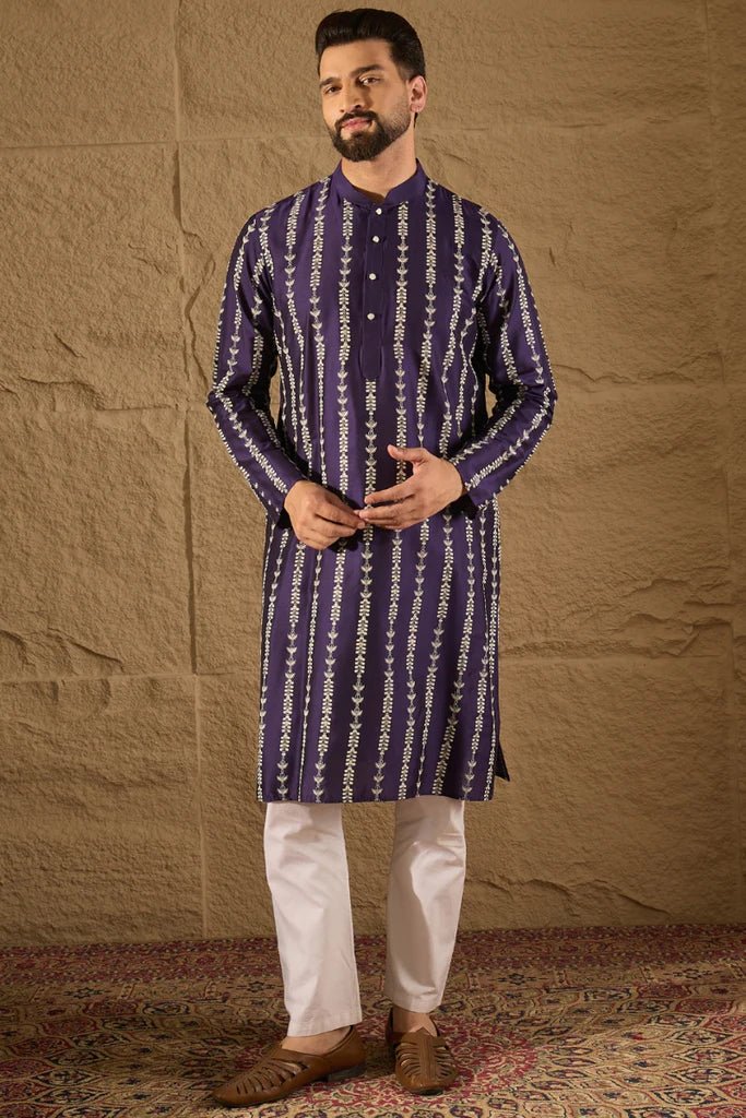 Purple Viscose Rayon Printed Straight Mens Kurta DS1280 - DWEEP SARA