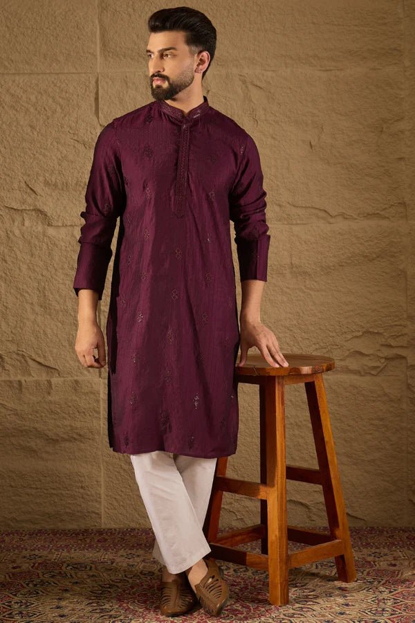 Purple Viscose Rayon Solid Embroidered Straight Mens Kurta - DWEEP SARA