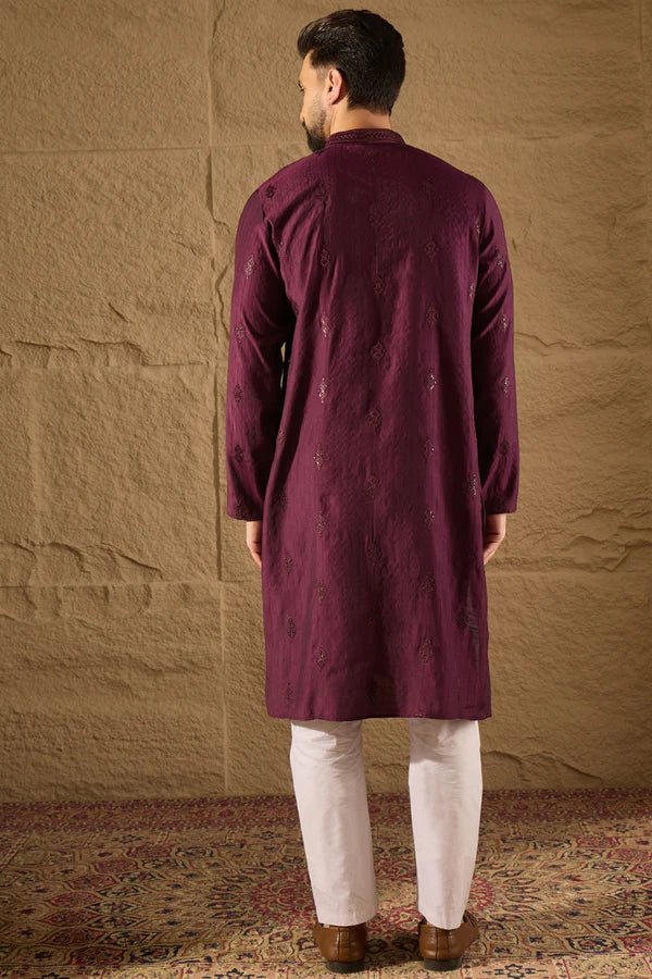 Purple Viscose Rayon Solid Embroidered Straight Mens Kurta - DWEEP SARA