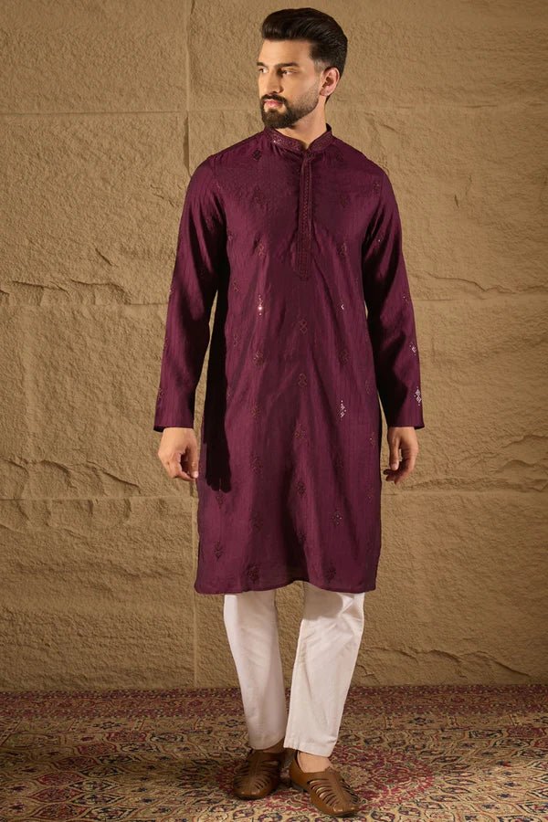 Purple Viscose Rayon Solid Embroidered Straight Mens Kurta - DWEEP SARA