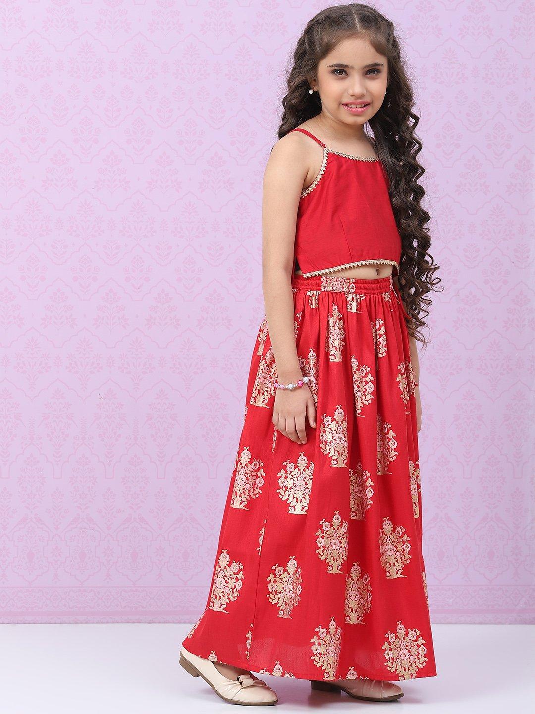 Red Art Silk Printed Kids Lehenga Set - DWEEP SARA