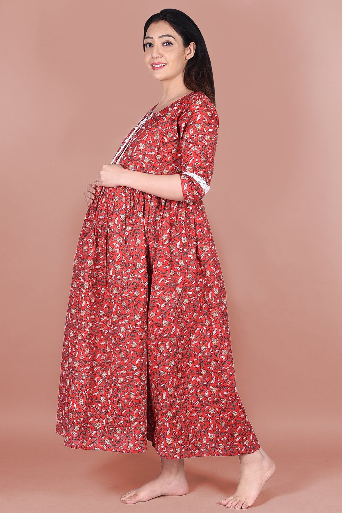 Red Block Printed Maternity Cotton Dress - DWEEP SARA