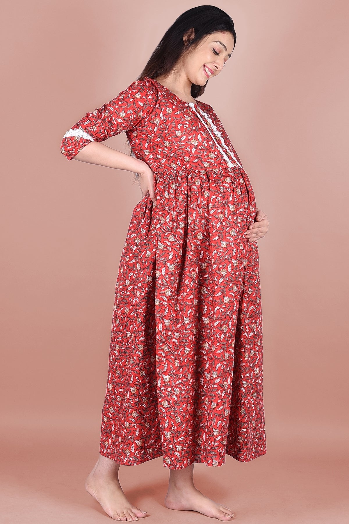 Red Block Printed Maternity Cotton Dress - DWEEP SARA