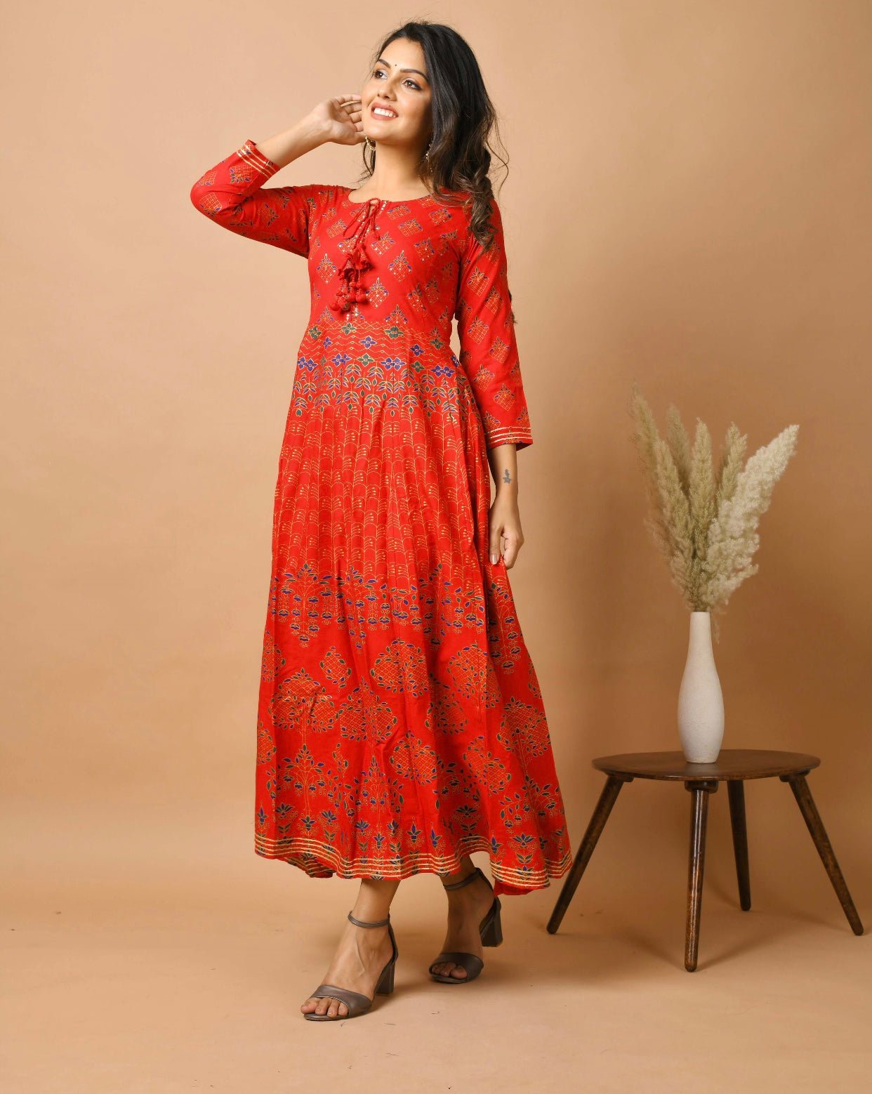 Red Gold Printed Ethnic Anarkali Dress - DWEEP SARA
