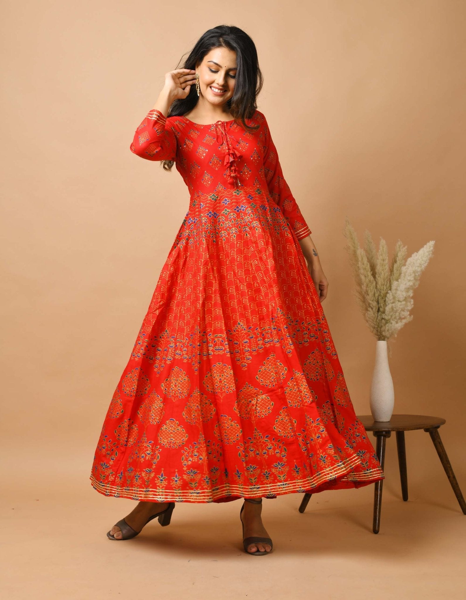 Red Gold Printed Ethnic Anarkali Dress - DWEEP SARA