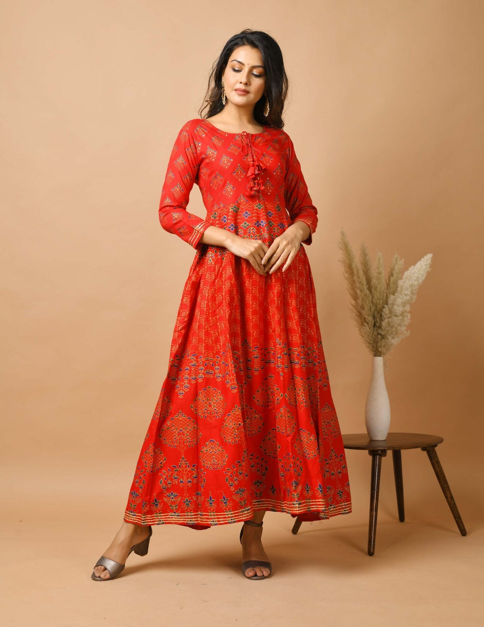 Red Gold Printed Ethnic Anarkali Dress - DWEEP SARA