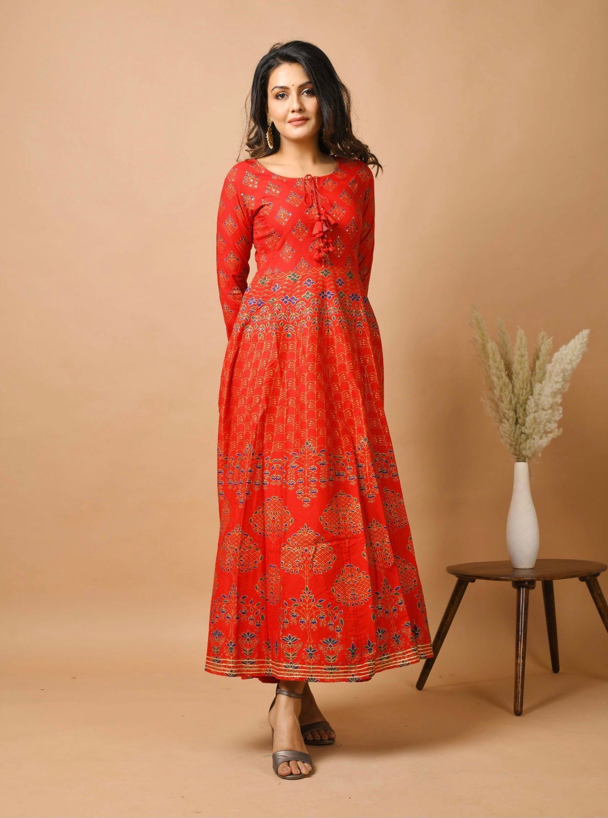 Red Gold Printed Ethnic Anarkali Dress - DWEEP SARA