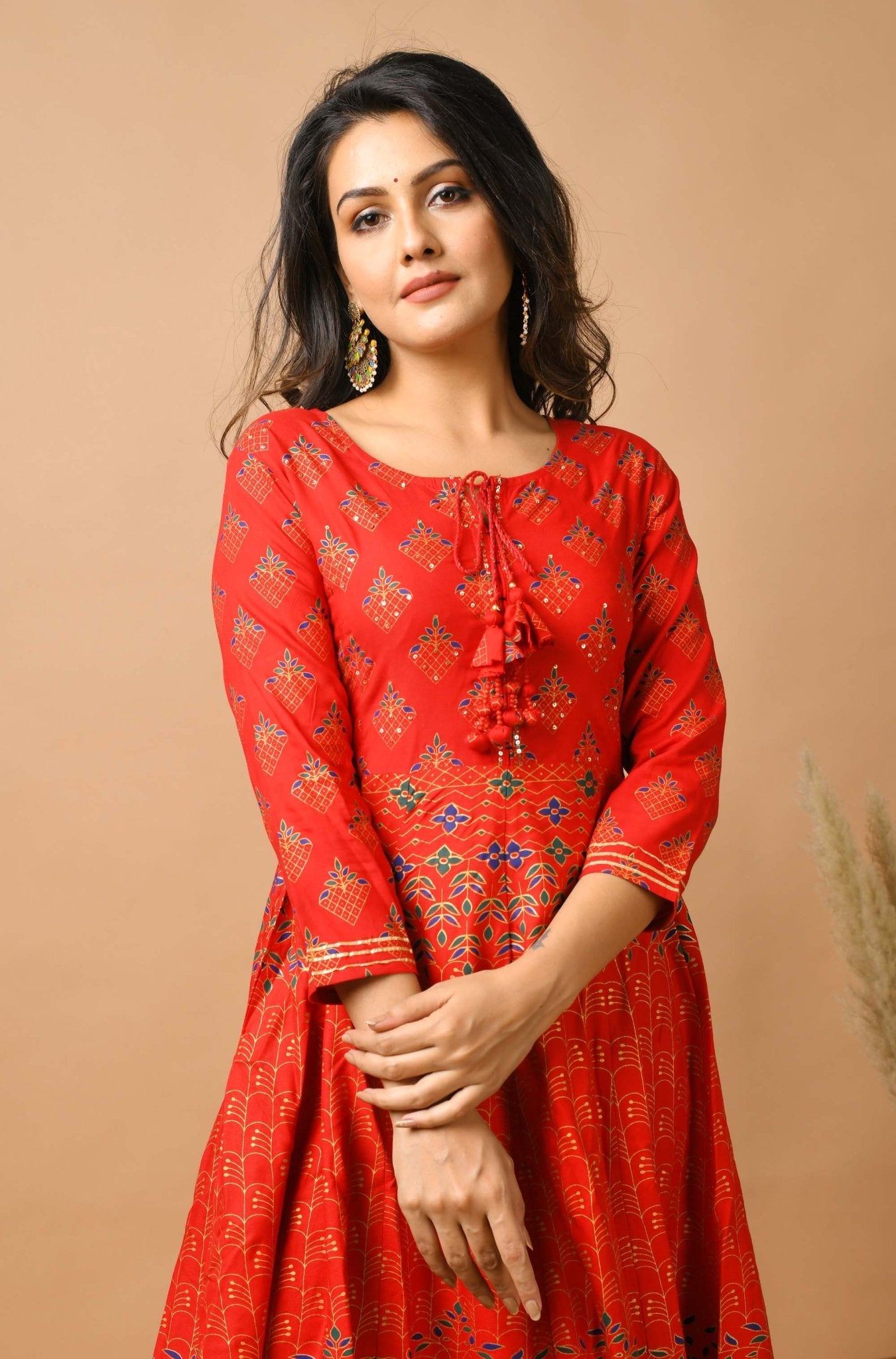 Red Gold Printed Ethnic Anarkali Dress - DWEEP SARA