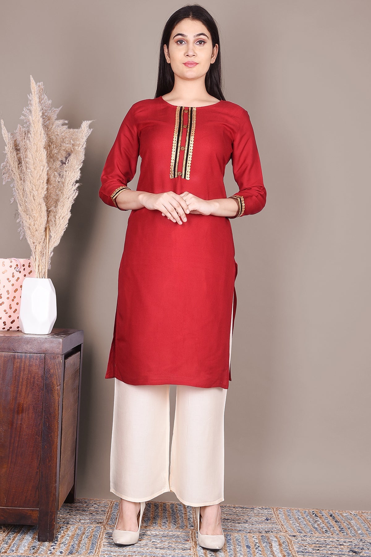 Red Solid Straight Rayon Kurta - DWEEP SARA