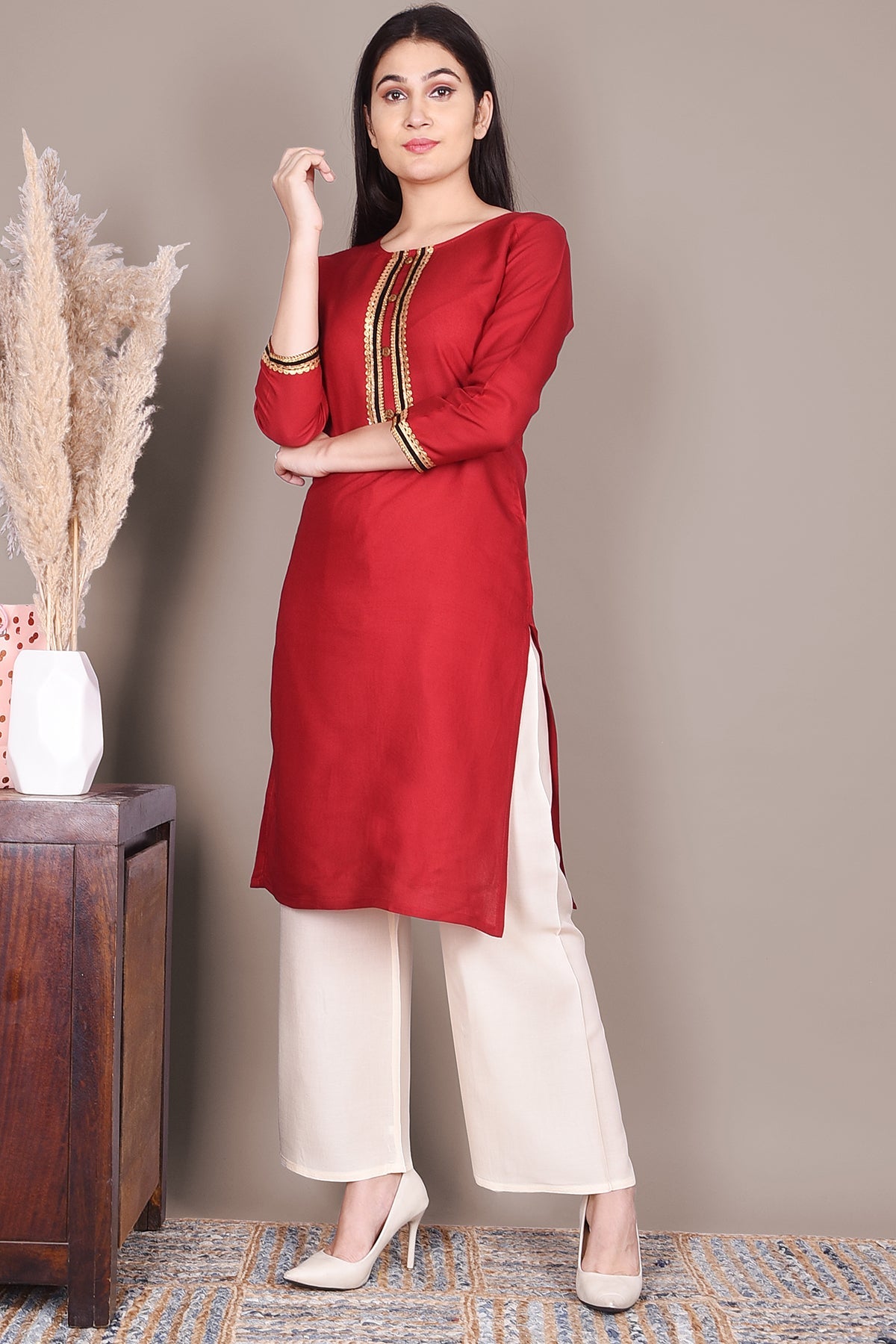 Red Solid Straight Rayon Kurta - DWEEP SARA