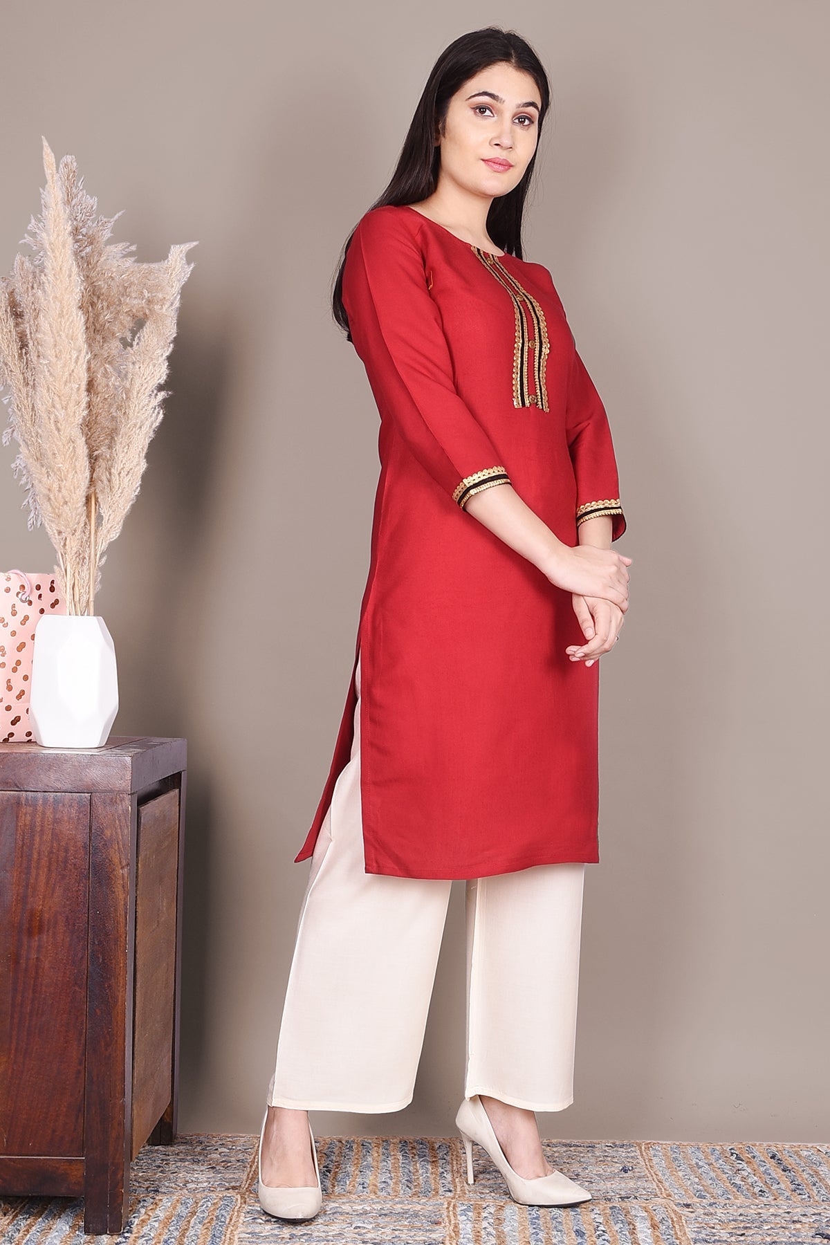 Red Solid Straight Rayon Kurta - DWEEP SARA