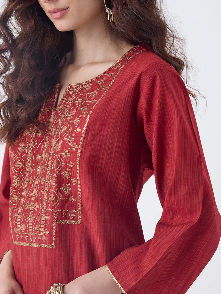 Red Zari Embroidered A - Line Kurta - DWEEP SARA