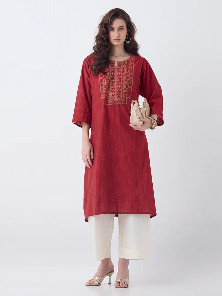 Red Zari Embroidered A - Line Kurta - DWEEP SARA