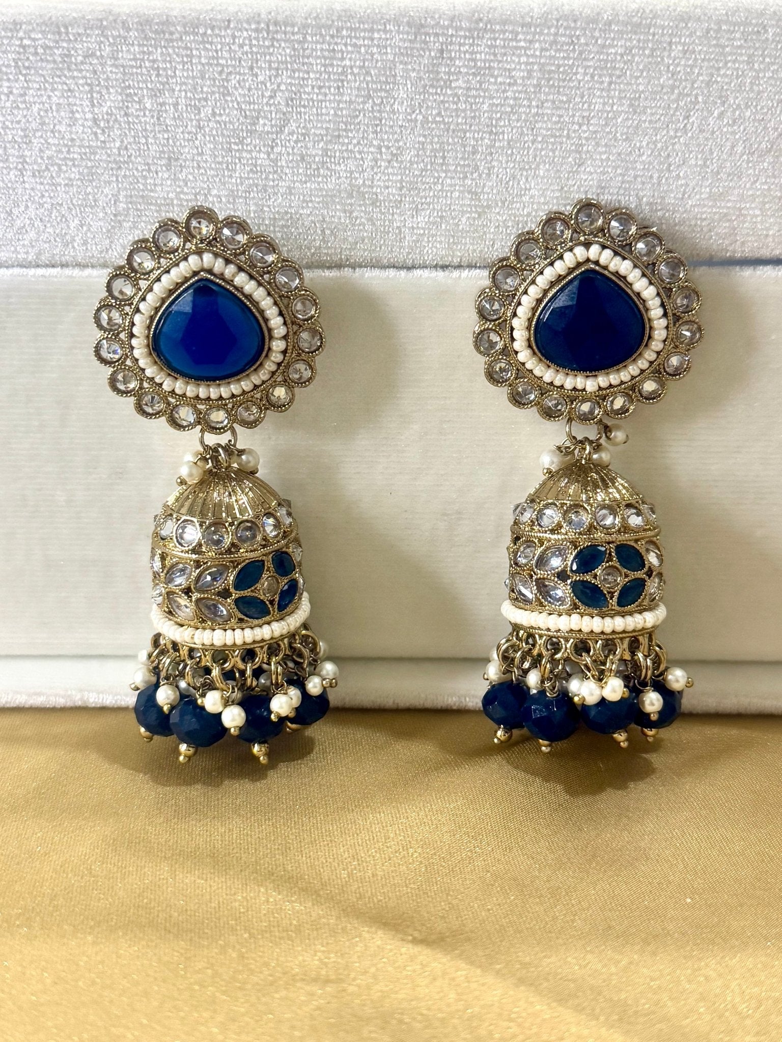Royal Blue Pearl Jhumki Earrings - DWEEP SARA