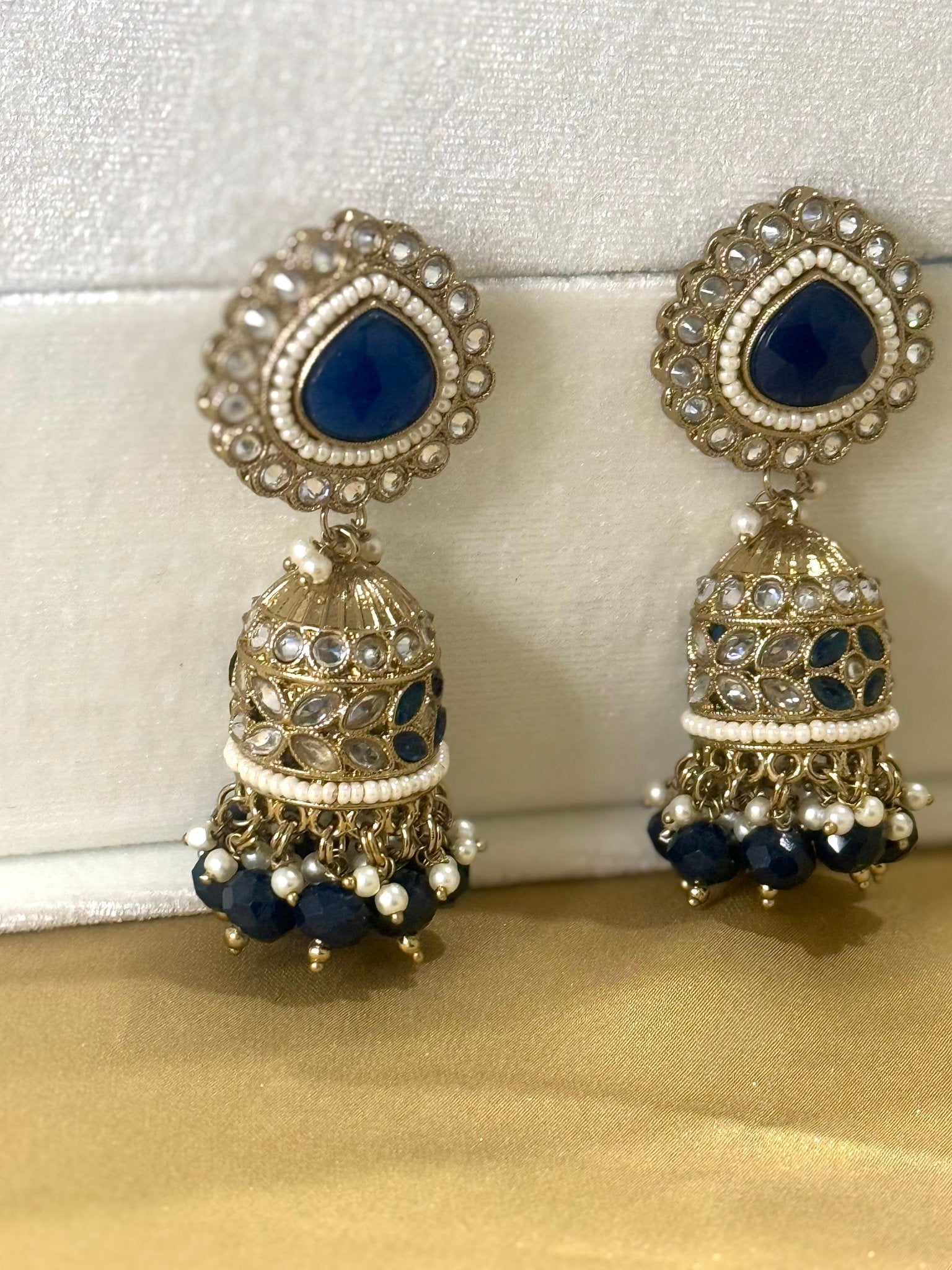 Royal Blue Pearl Jhumki Earrings - DWEEP SARA