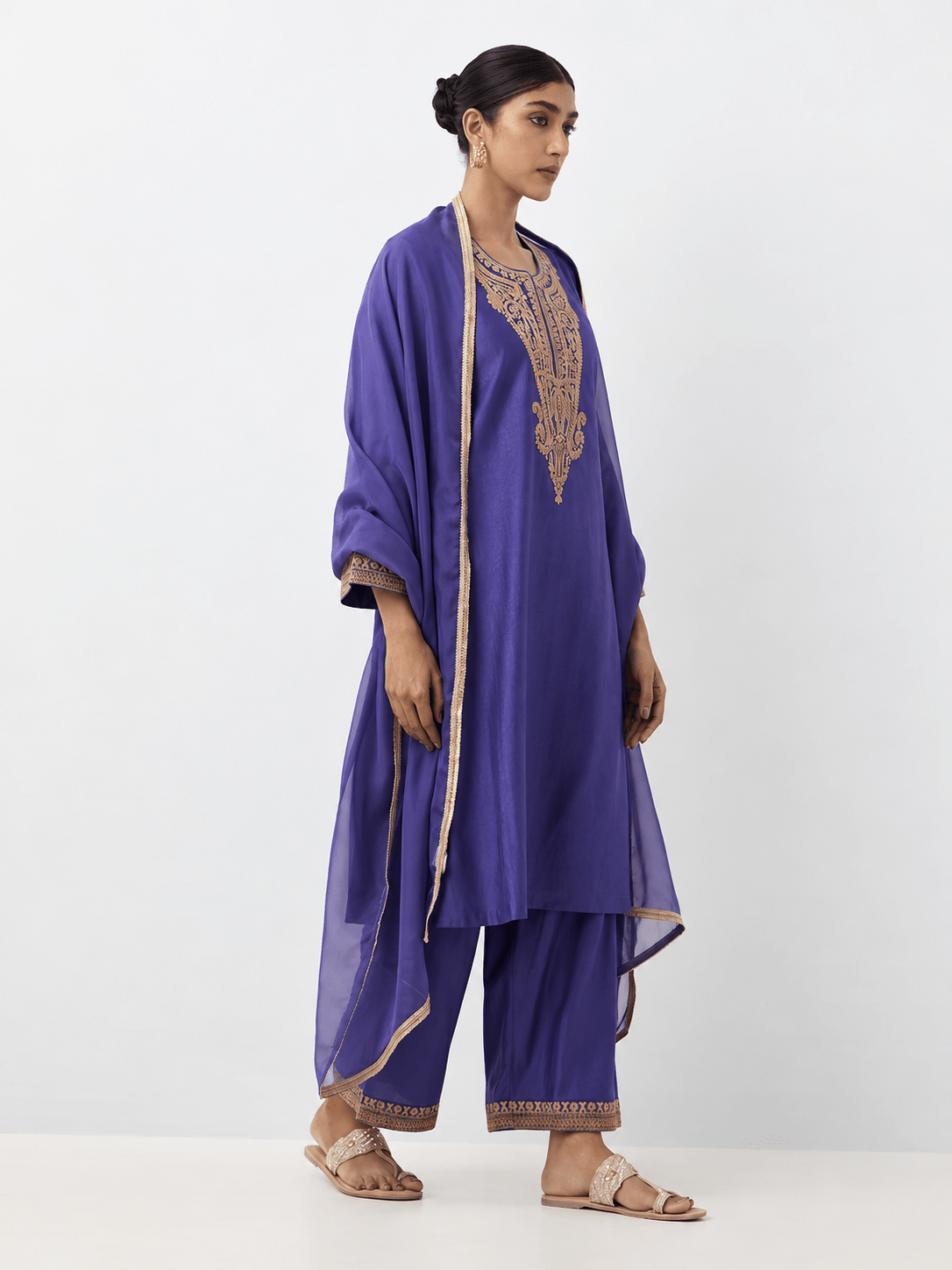 Royal Purple Gold Embroidered Kurta Palazzo Set with Dupatta - DWEEP SARA
