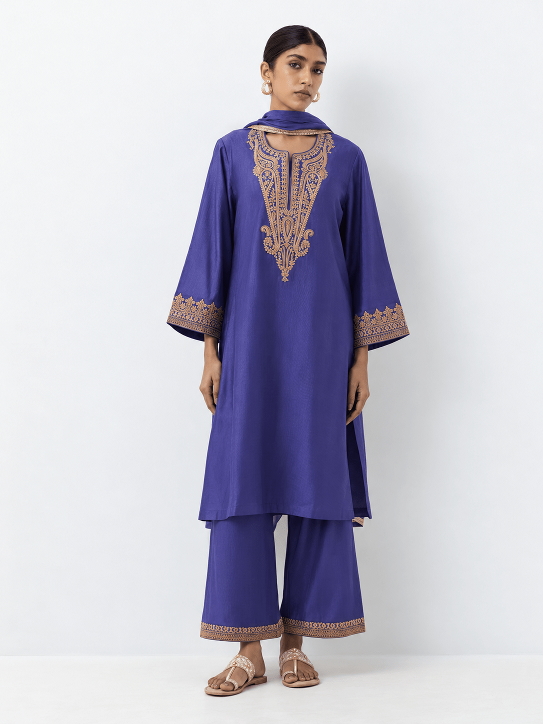 Royal Purple Gold Embroidered Kurta Palazzo Set with Dupatta - DWEEP SARA