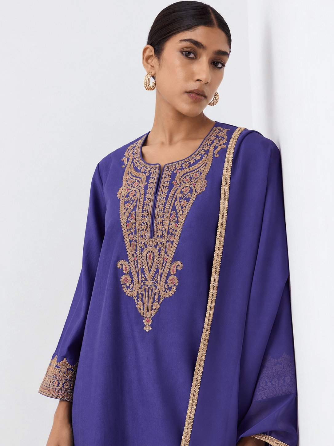 Royal Purple Gold Embroidered Kurta Palazzo Set with Dupatta - DWEEP SARA