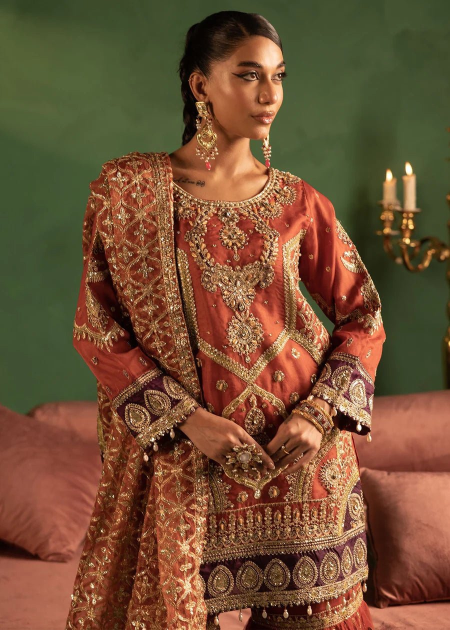 Rust Sheer organza adorned hand embellishments Gharara Set - DWEEP SARA