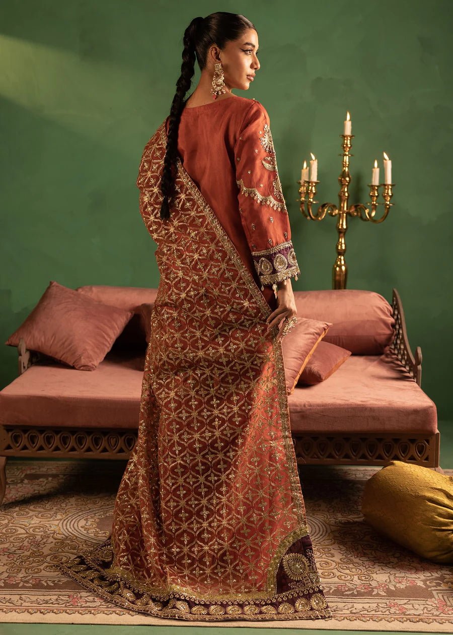 Rust Sheer organza adorned hand embellishments Gharara Set - DWEEP SARA