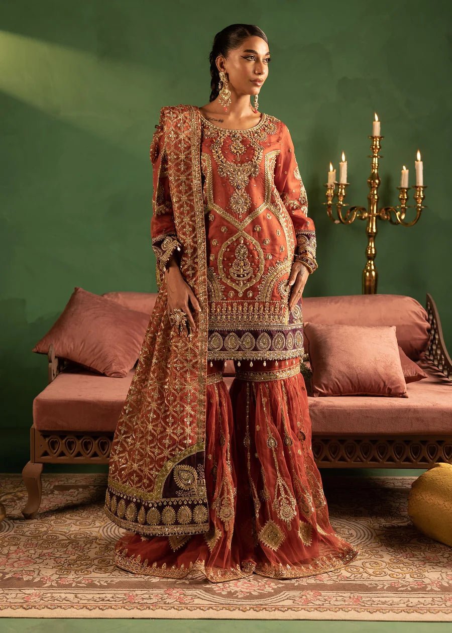 Rust Sheer organza adorned hand embellishments Gharara Set - DWEEP SARA