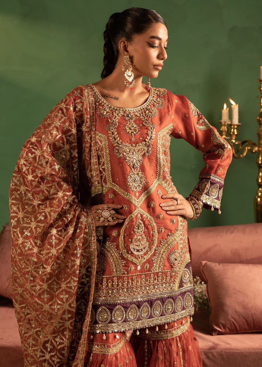 Rust Sheer organza adorned hand embellishments Gharara Set - DWEEP SARA
