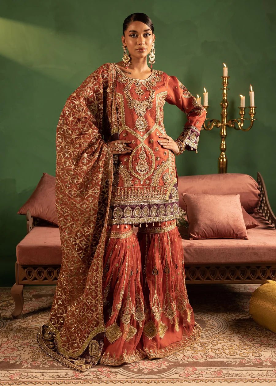 Rust Sheer organza adorned hand embellishments Gharara Set - DWEEP SARA