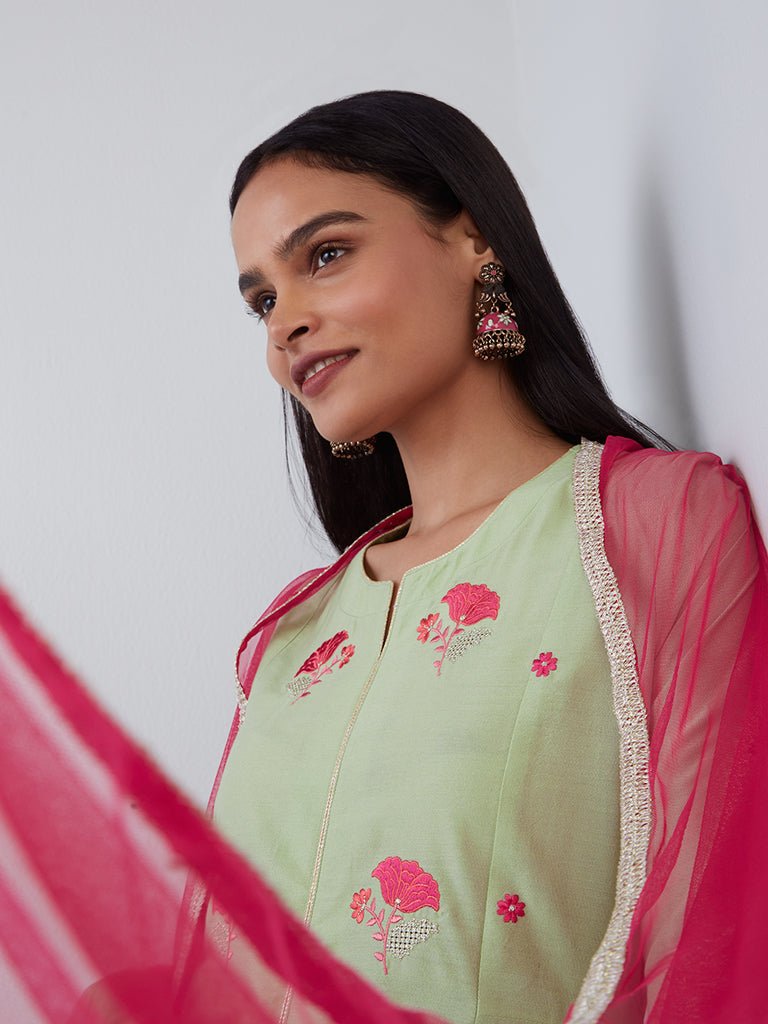 Sage Floral Embroidered Suit Set - DWEEP SARA
