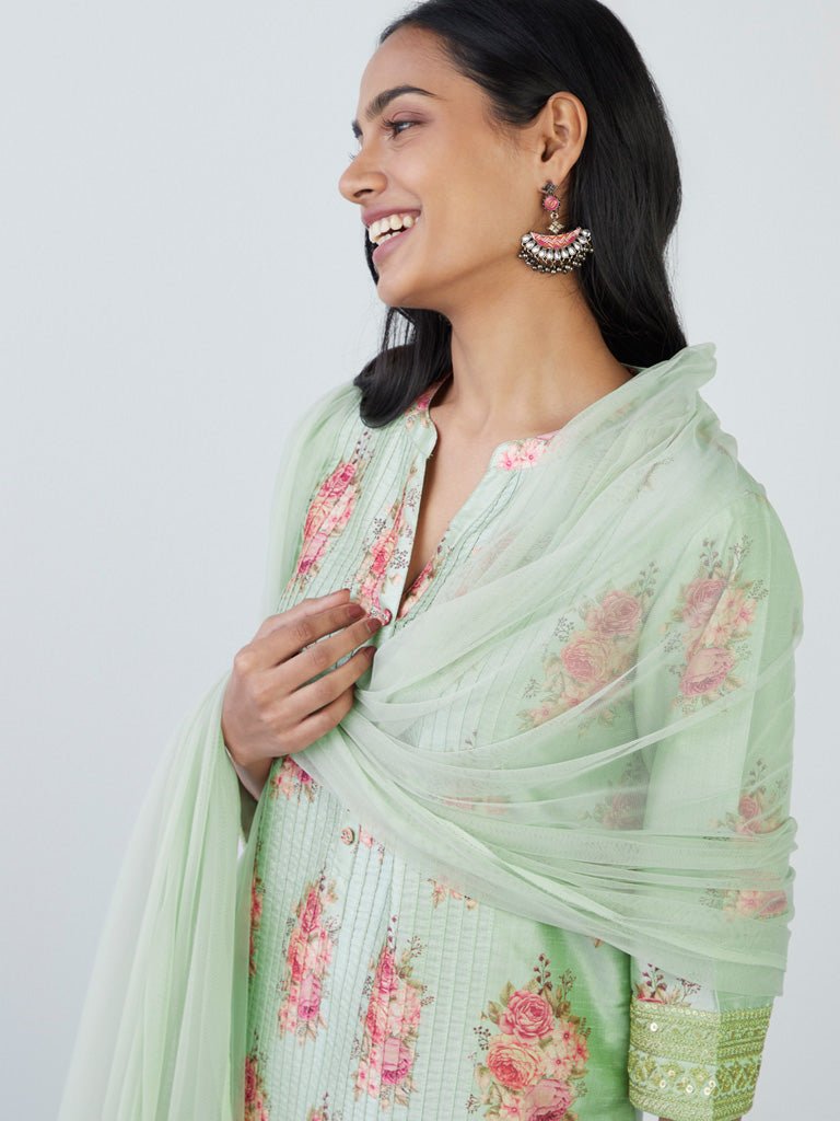 Sage Floral Print Viscose Suit Set - DWEEP SARA