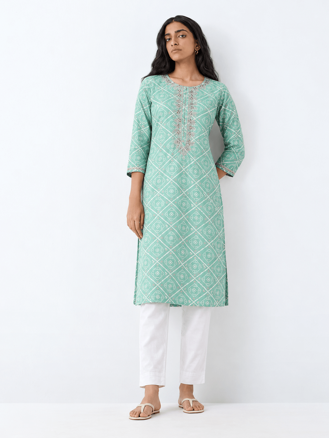 Sea Green Cotton Blend Bandhani Printed Straight Kurta - DWEEP SARA