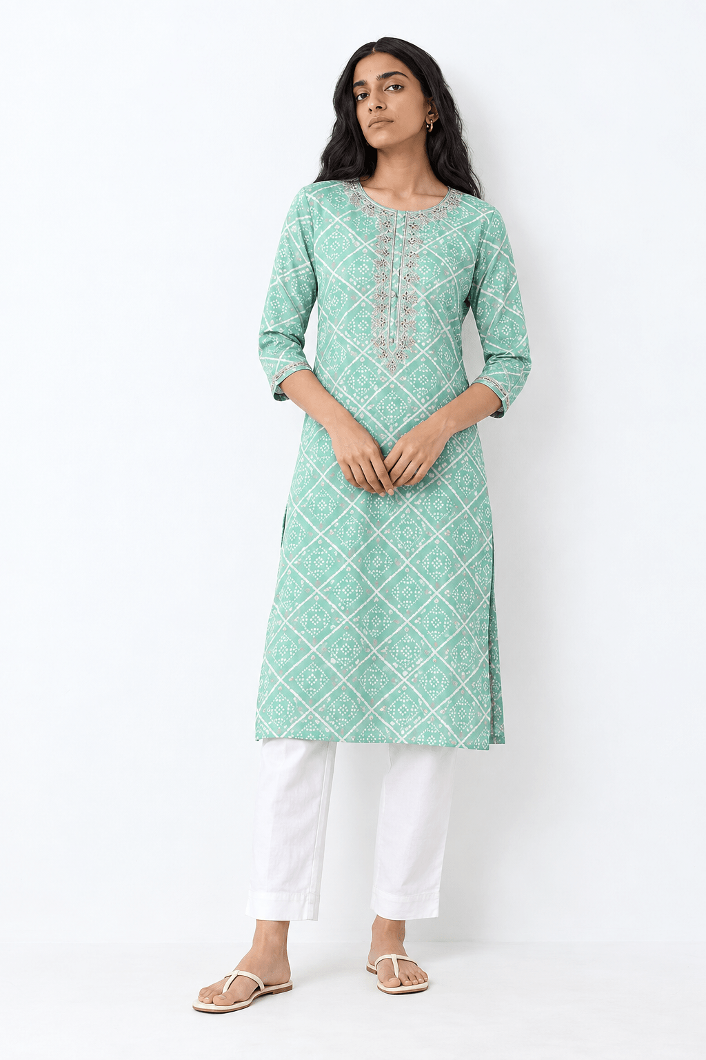 Sea Green Cotton Blend Bandhani Printed Straight Kurta - DWEEP SARA