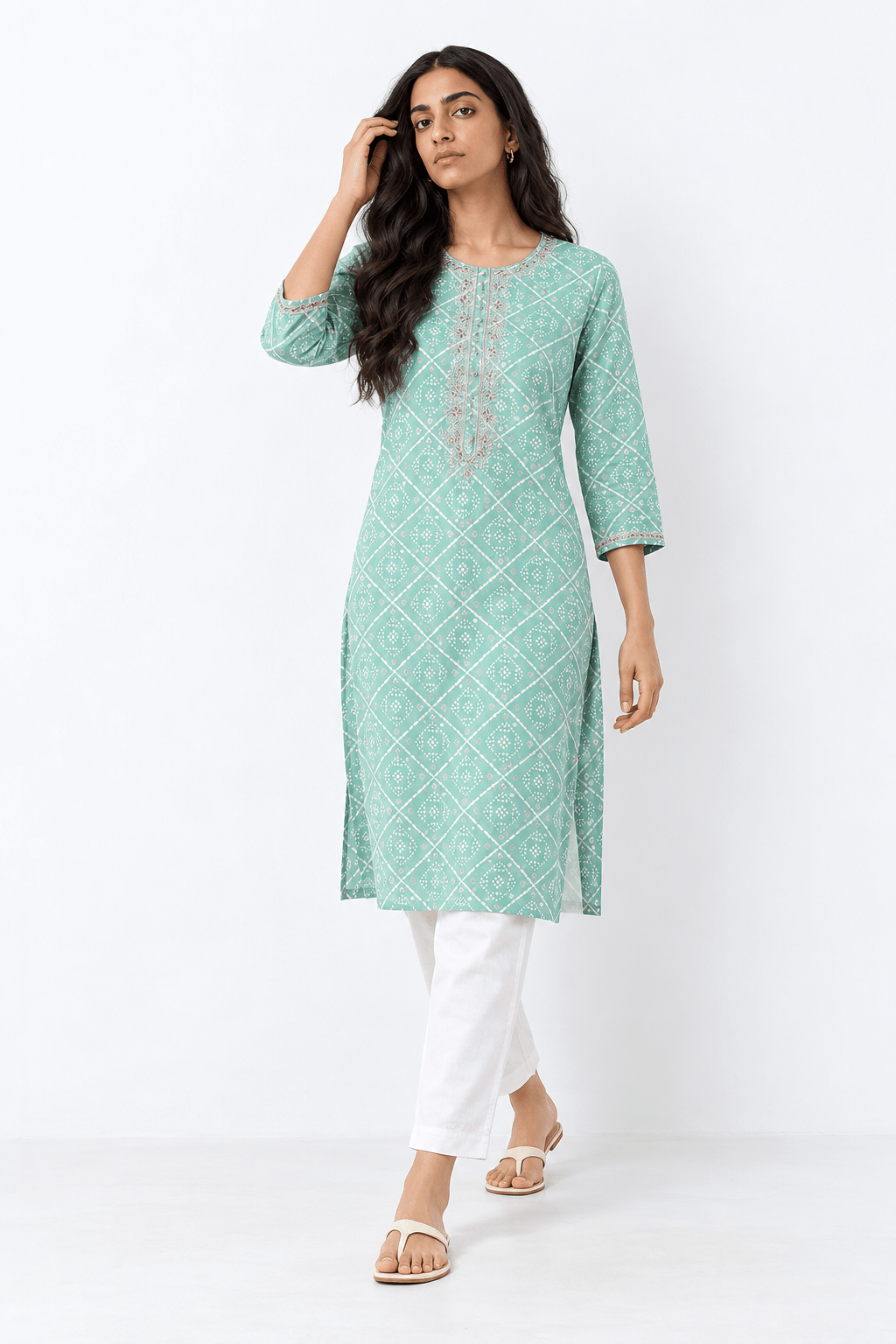 Sea Green Cotton Blend Bandhani Printed Straight Kurta - DWEEP SARA
