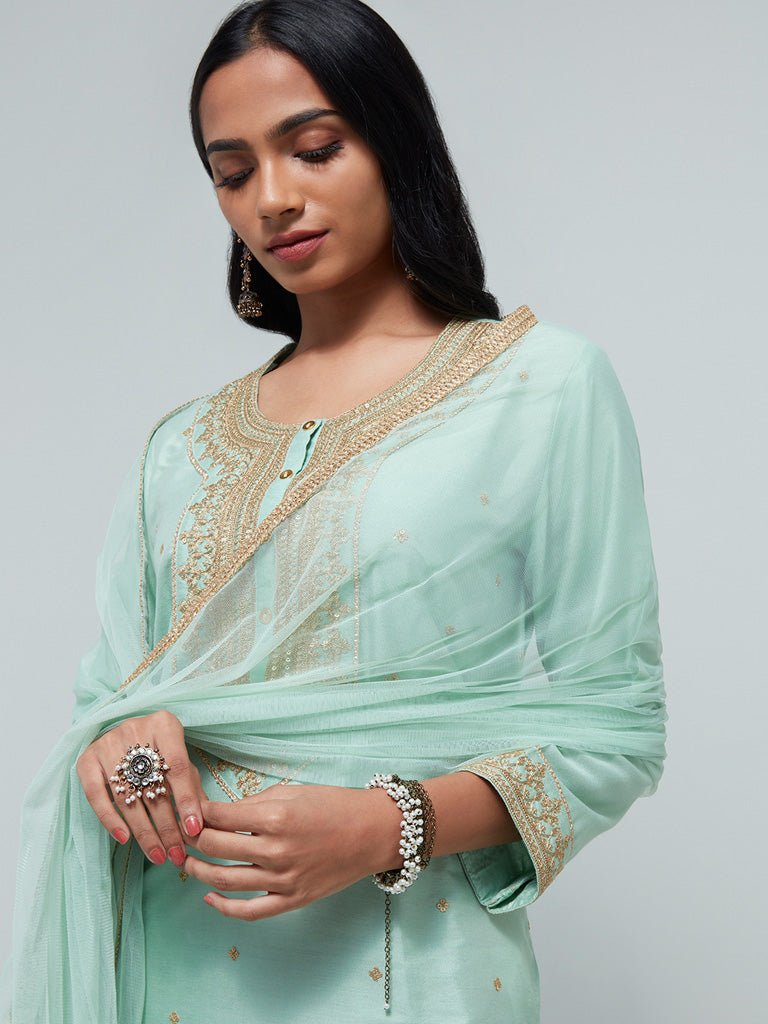 Sea Green Embroidered Suit Set - DWEEP SARA