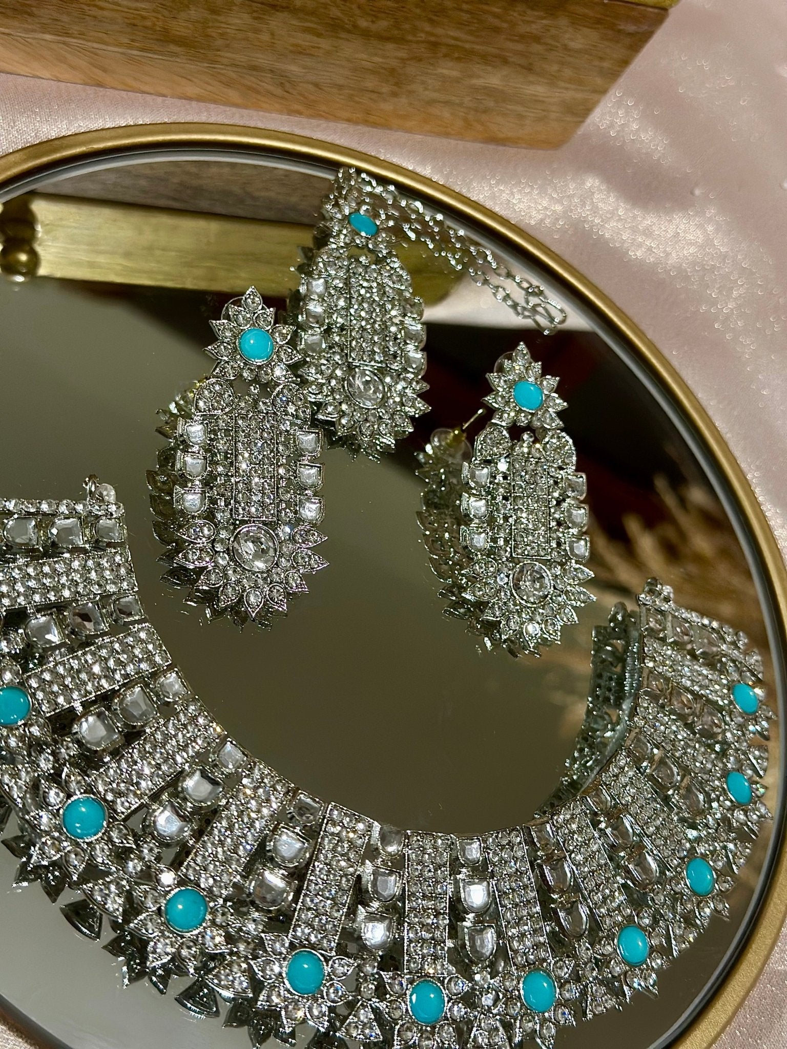 Silver Blue Necklace Set With Earrings Tikka - DWEEP SARA