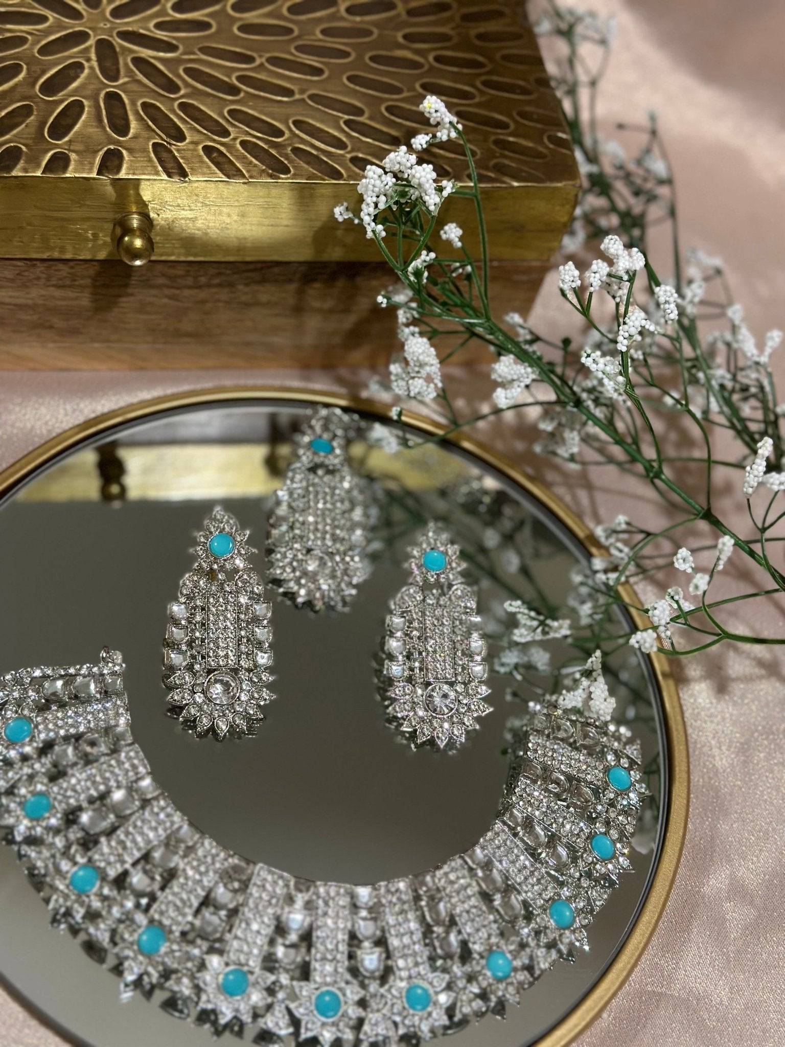 Silver Blue Necklace Set With Earrings Tikka - DWEEP SARA