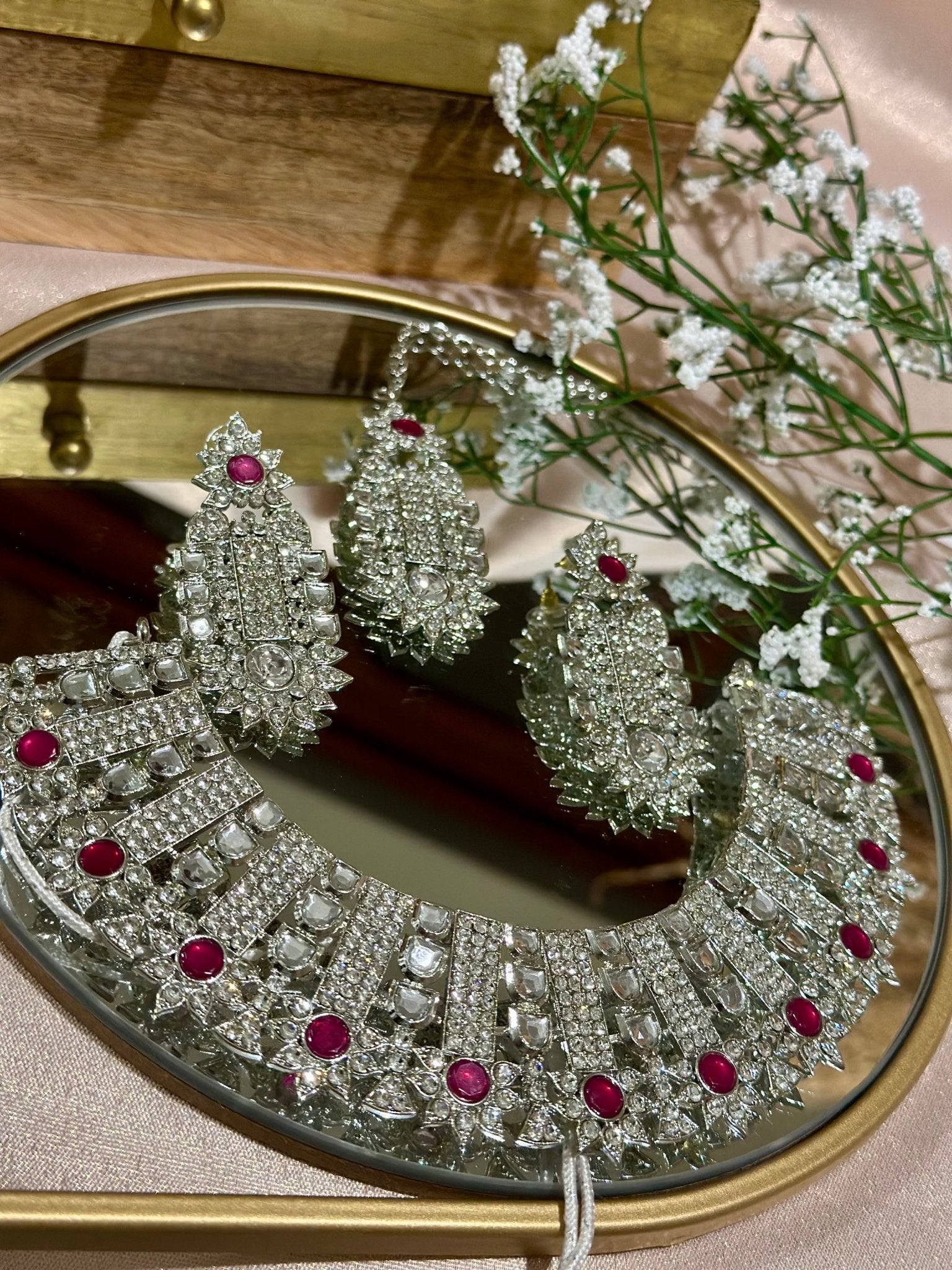 Silver Maroon Necklace With Tikka - DWEEP SARA