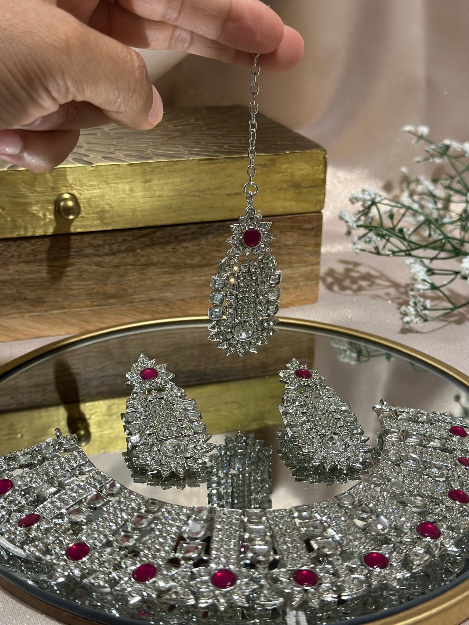 Silver Maroon Necklace With Tikka - DWEEP SARA