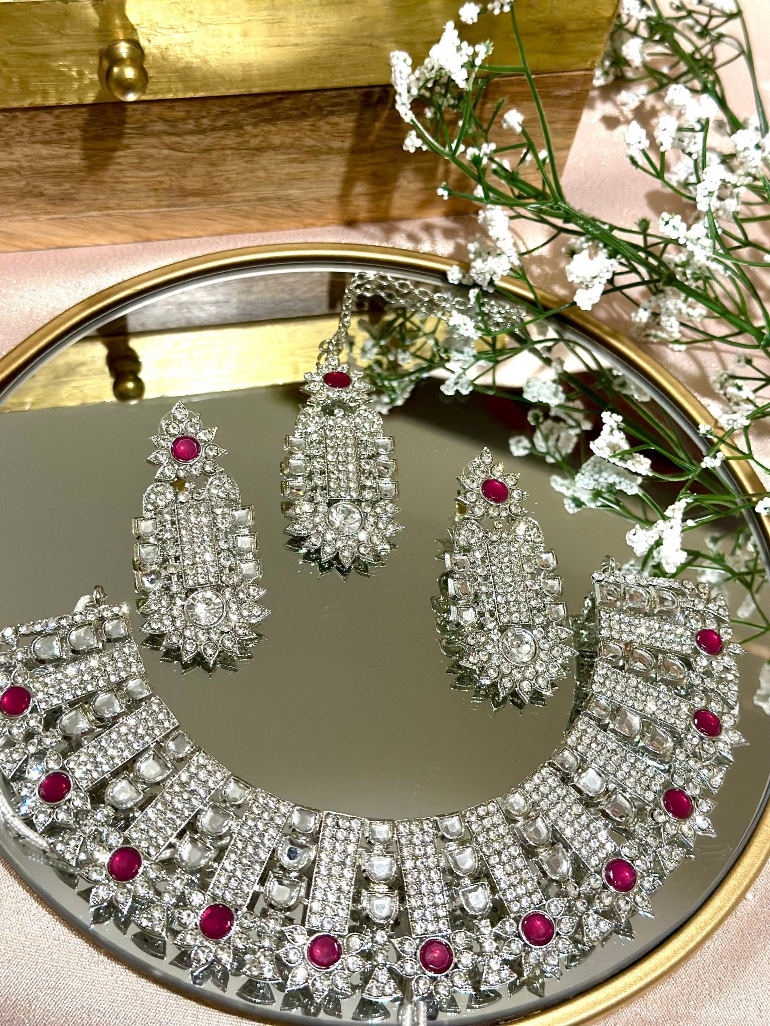 Silver Maroon Necklace With Tikka - DWEEP SARA
