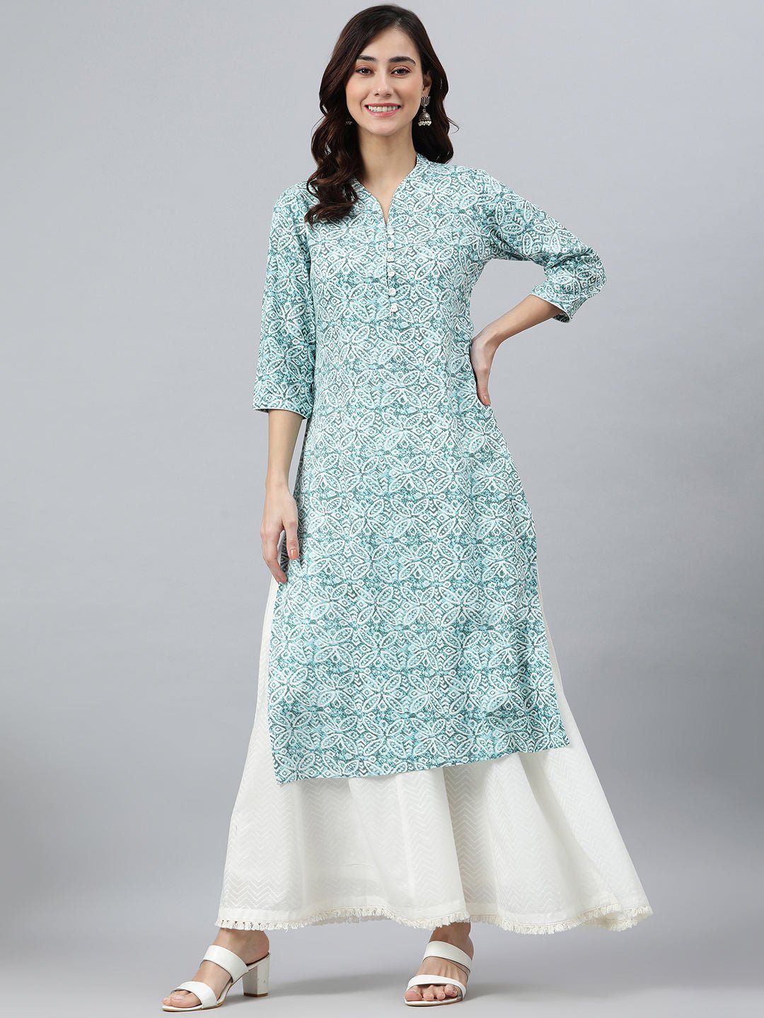 Sky Blue Floral Straight Kurta - DWEEP SARA