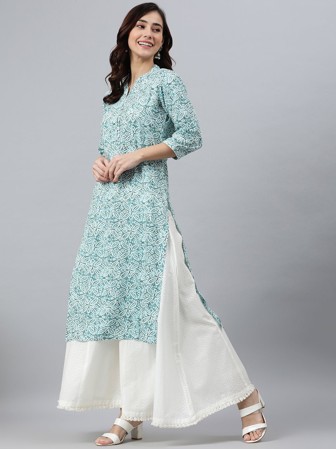 Sky Blue Floral Straight Kurta - DWEEP SARA