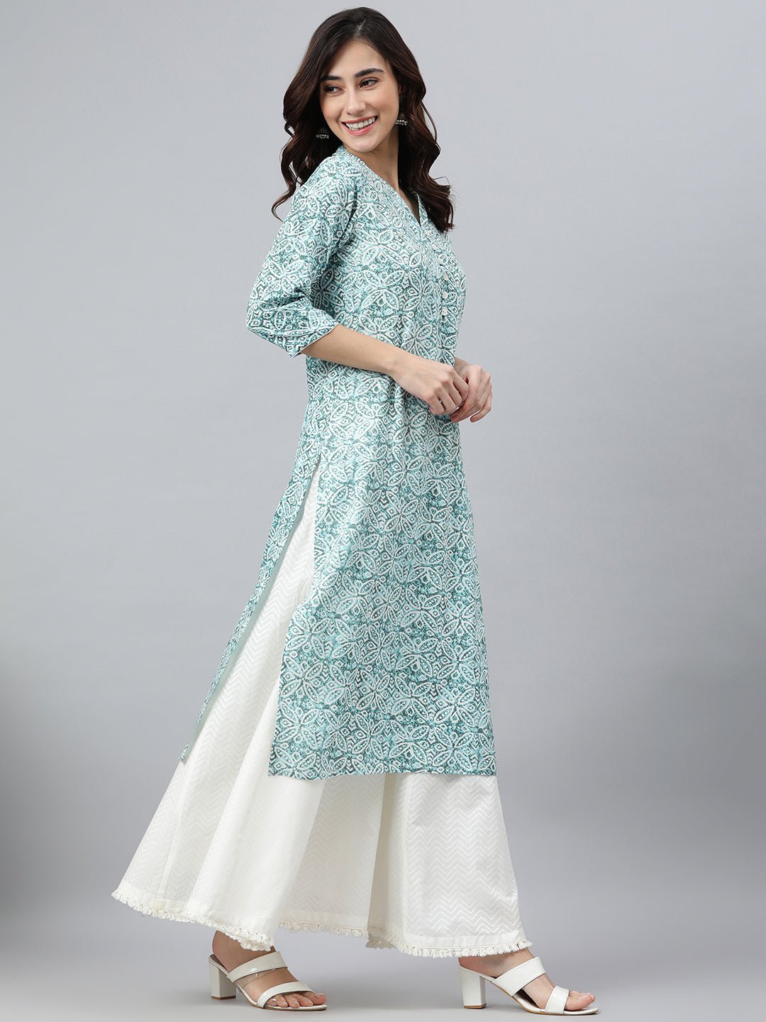 Sky Blue Floral Straight Kurta - DWEEP SARA