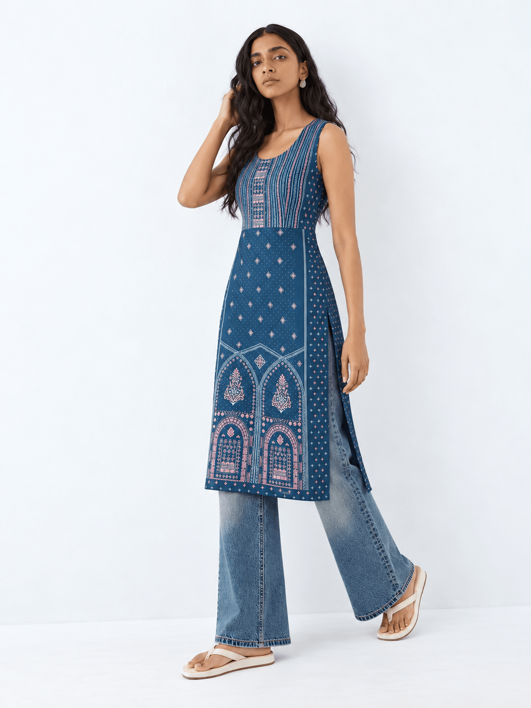 Teal Blue Printed Rayon Straight Kurta with Stone Detailing - DWEEP SARA
