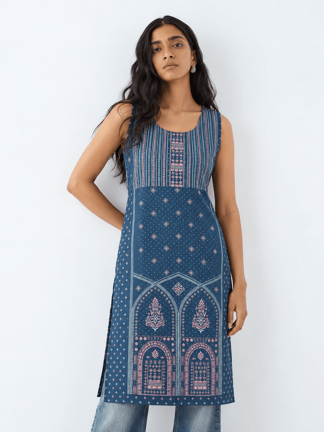 Teal Blue Printed Rayon Straight Kurta with Stone Detailing - DWEEP SARA