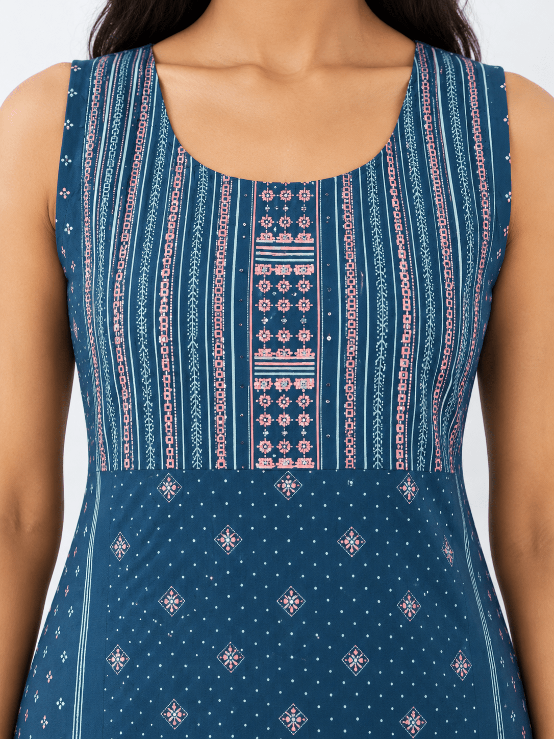 Teal Blue Printed Rayon Straight Kurta with Stone Detailing - DWEEP SARA