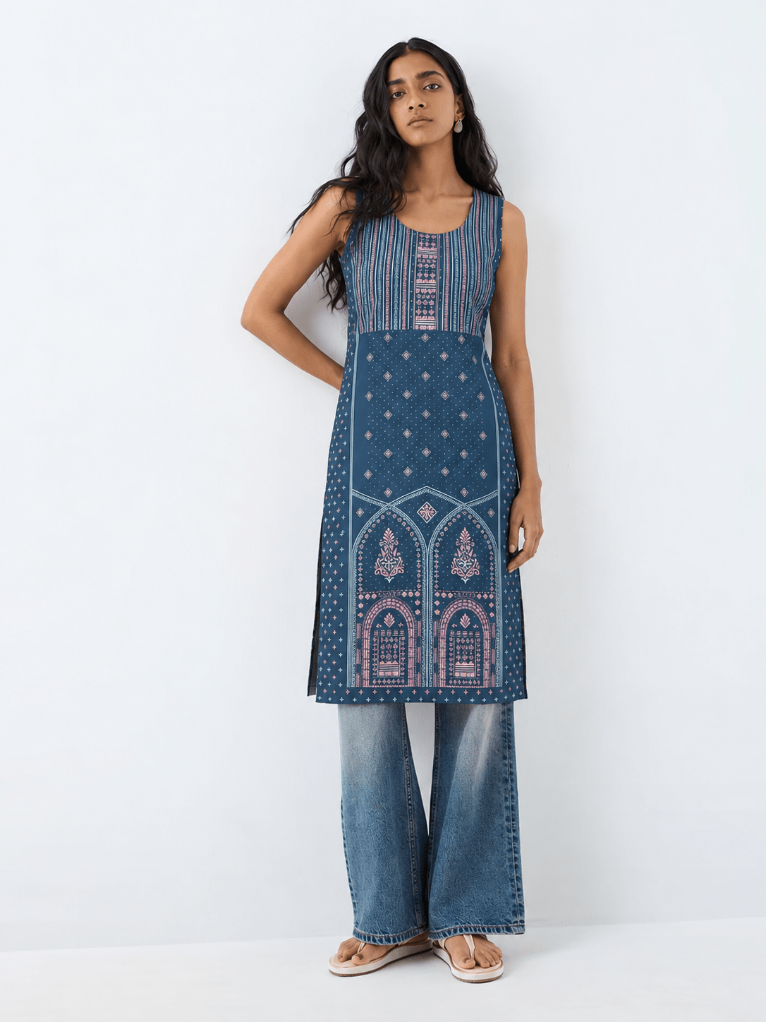 Teal Blue Printed Rayon Straight Kurta with Stone Detailing - DWEEP SARA