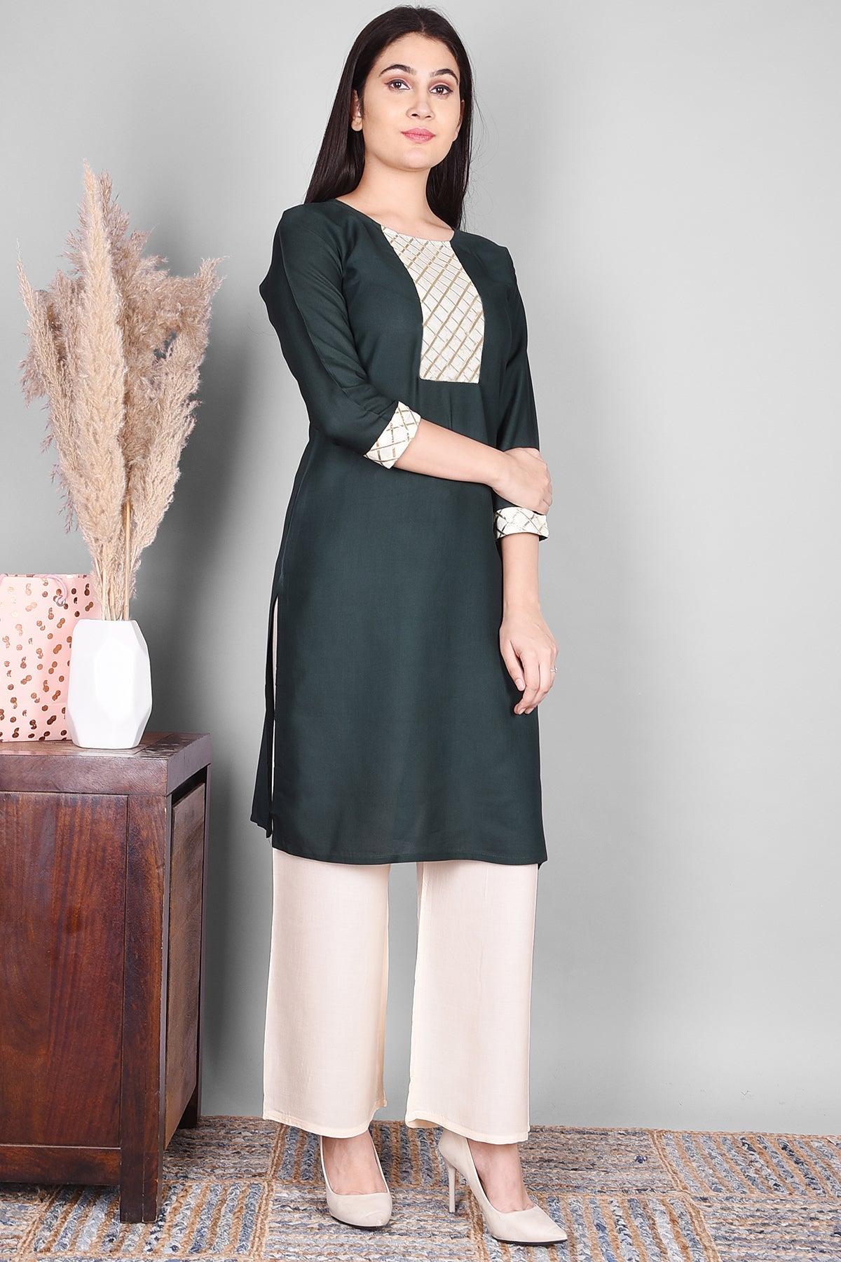 Teal Green Solid Rayon Straight - Fit Kurta - DWEEP SARA