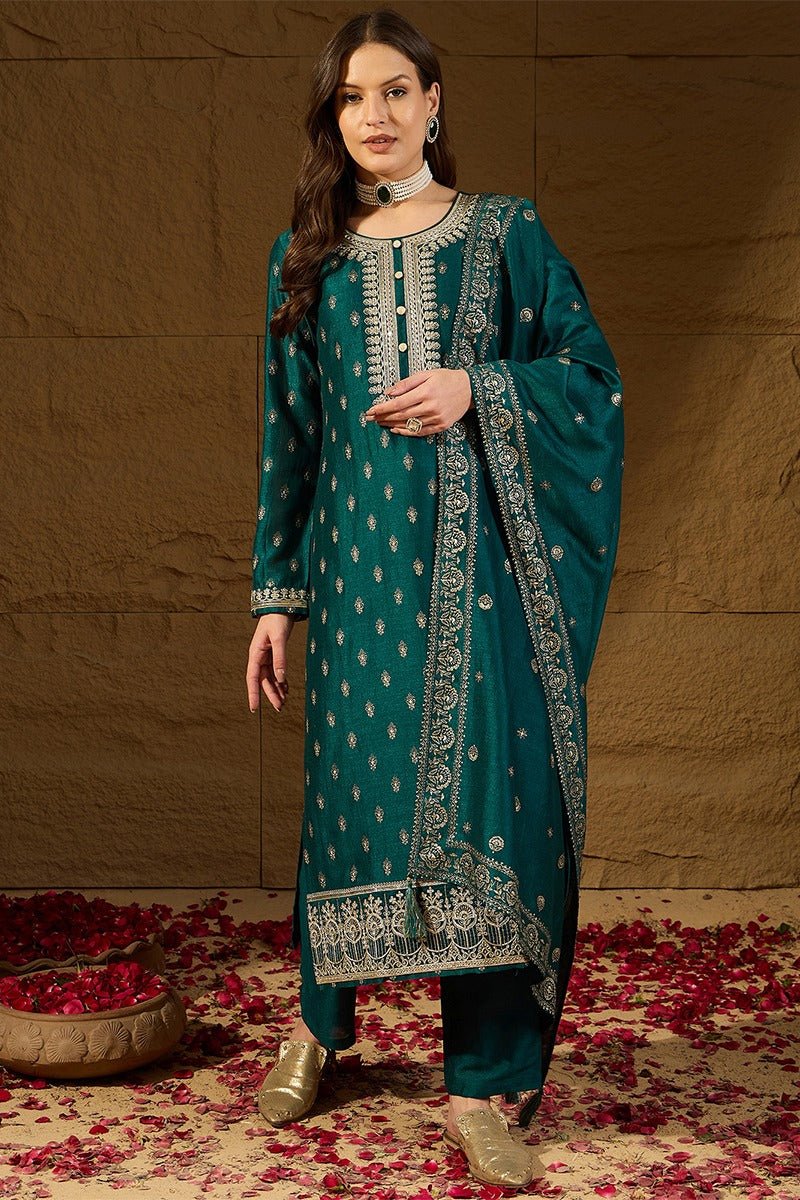 Teal Silk Blend Embroidered Straight Kurta Trouser With Dupatta - DWEEP SARA